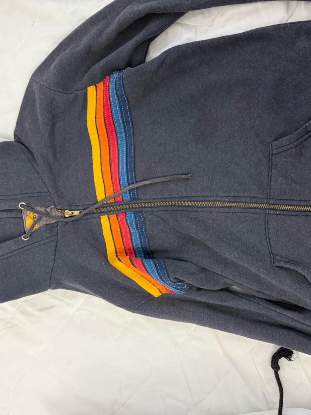Aviator Nation charcoal Zip Hoodie with Yellow, Red & Blue Stripe Chest